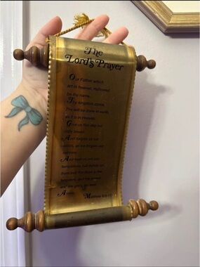The Lords Prayer Brass Tone Wooden Scroll Wall Plaque
